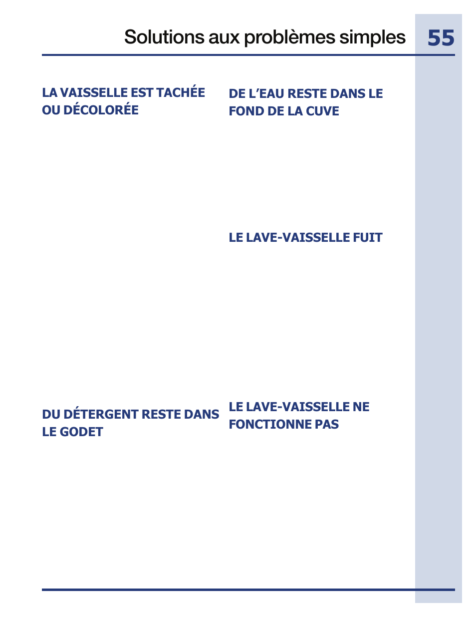 Solutions aux problèmes simples, La vaisselle est tachée ou décolorée, Du détergent reste dans le godet | De l’eau reste dans le fond de la cuve, Le lave-vaisselle fuit, Le lave-vaisselle ne fonctionne pas | Electrolux EIDW5705PW User Manual | Page 55 / 60