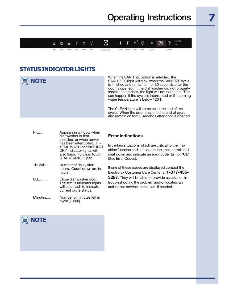 Operating instructions, Status indicator lights | Electrolux EIDW5705PW User Manual | Page 7 / 60