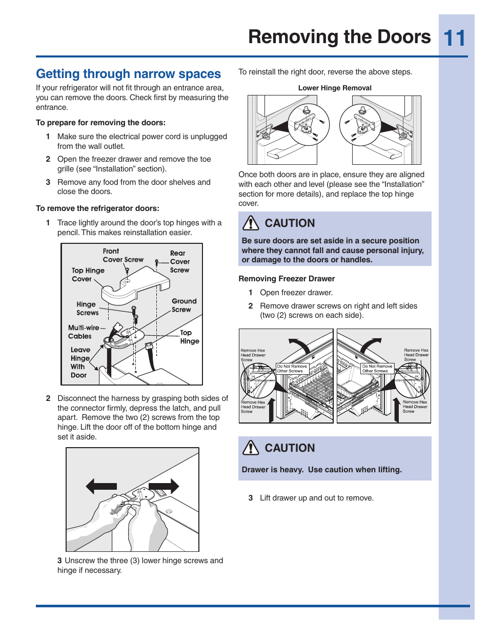 Removing the doors, Getting through narrow spaces, Caution | Electrolux EI23BC60KS User Manual | Page 11 / 34