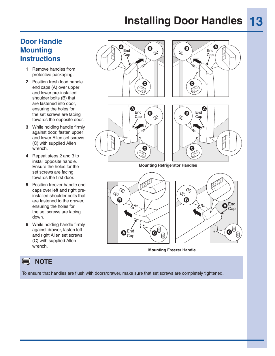 Installing door handles, Door handle mounting instructions | Electrolux EI23BC60KS User Manual | Page 13 / 34