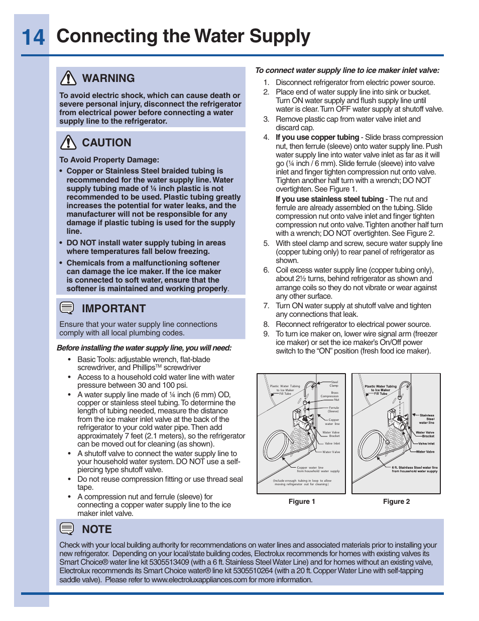 Connecting the water supply, Warning, Caution | Important | Electrolux EI23BC60KS User Manual | Page 14 / 34