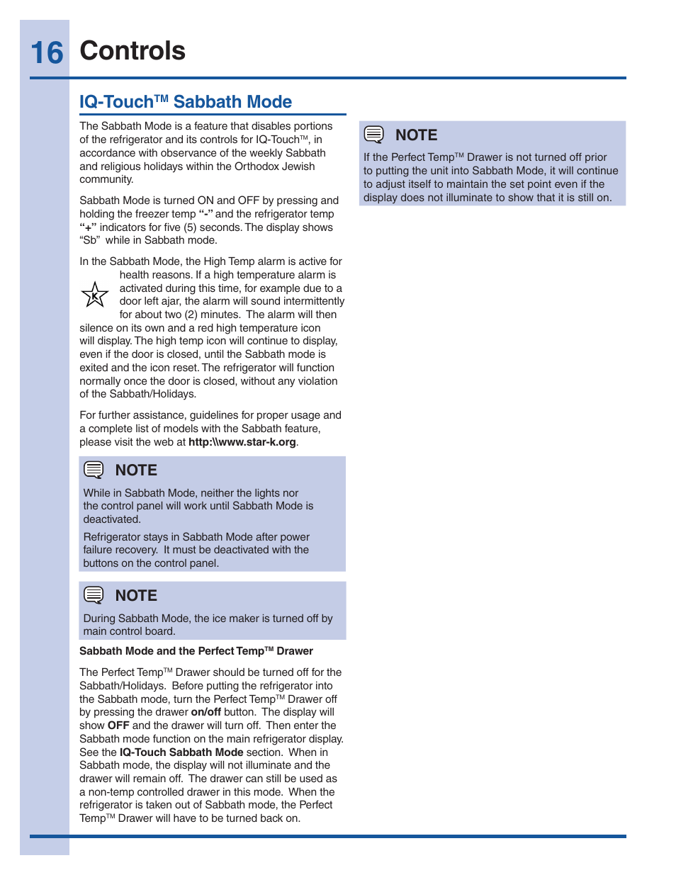 Controls, Iq-touch, Sabbath mode | Electrolux EI23BC60KS User Manual | Page 16 / 34