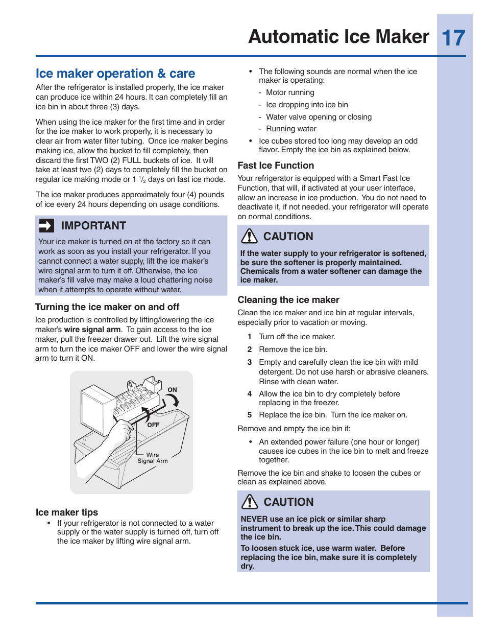 Automatic ice maker, Ice maker operation & care, Important | Caution | Electrolux EI23BC60KS User Manual | Page 17 / 34