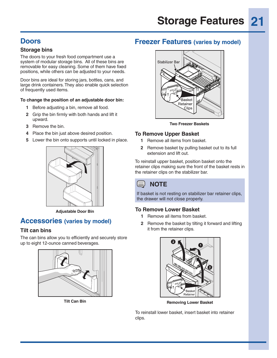 Storage features, Doors, Accessories | Freezer features | Electrolux EI23BC60KS User Manual | Page 21 / 34