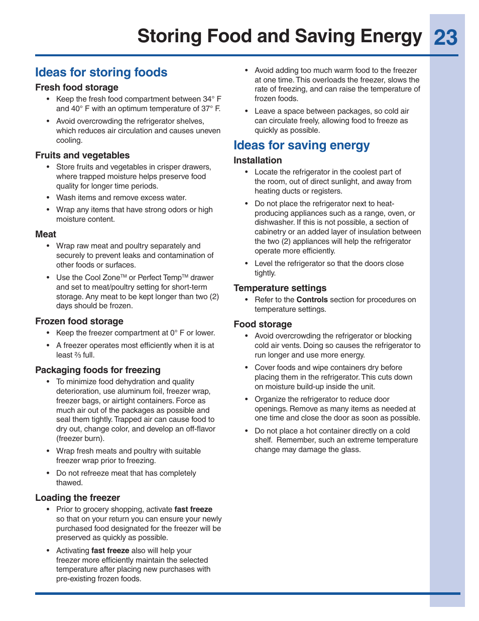 Storing food and saving energy, Ideas for storing foods, Ideas for saving energy | Electrolux EI23BC60KS User Manual | Page 23 / 34