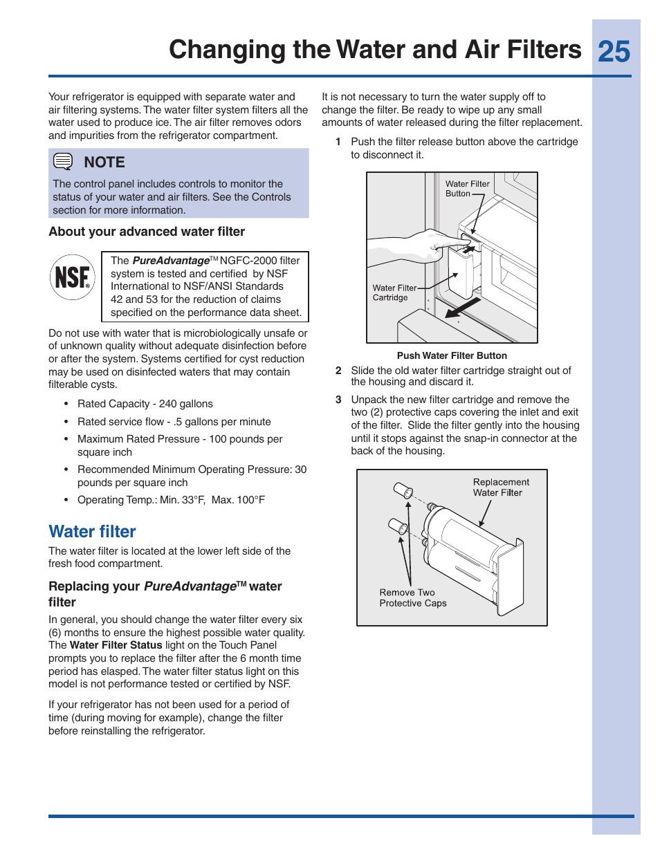 Changing the water and air filters, Water filter | Electrolux EI23BC60KS User Manual | Page 25 / 34