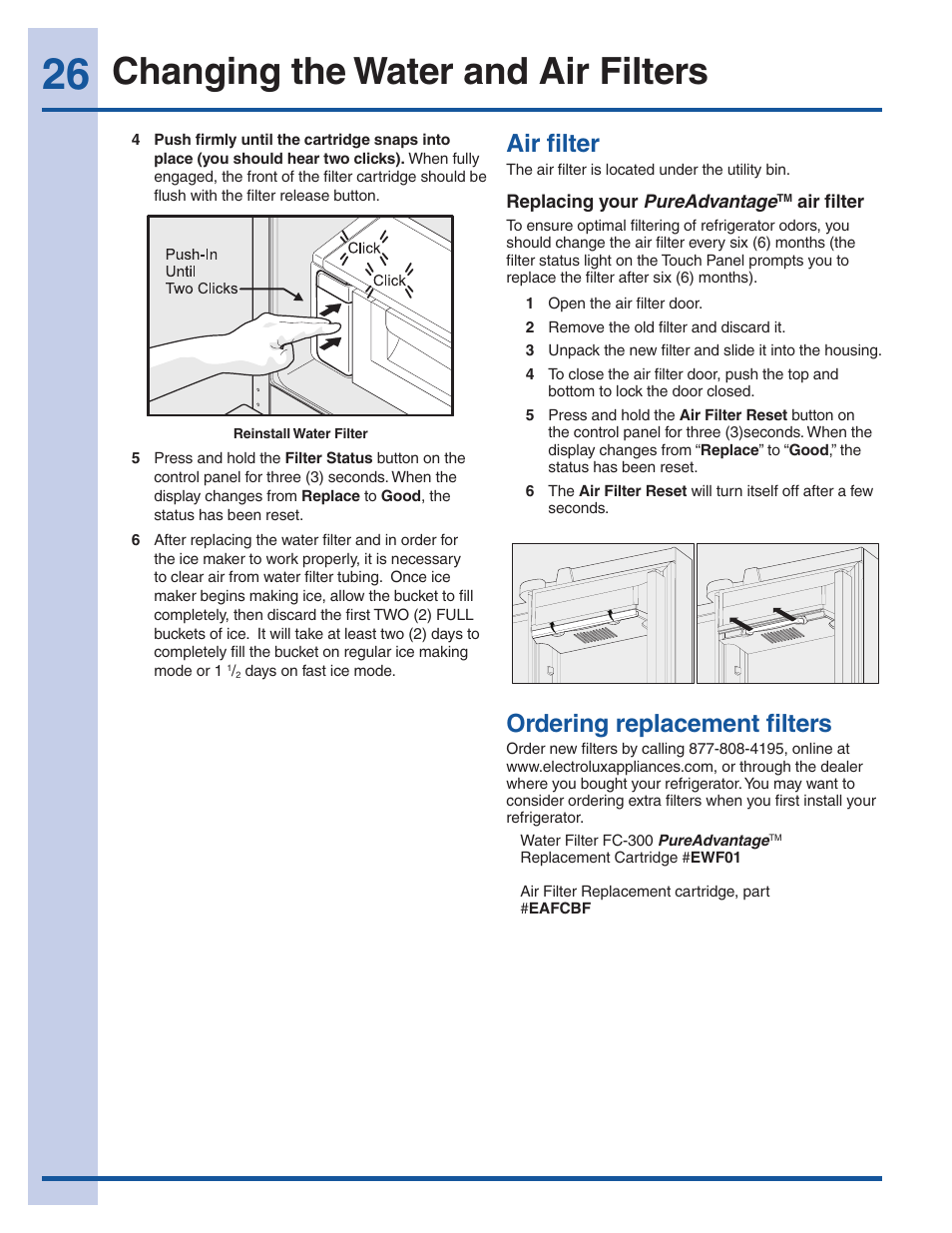 Changing the water and air filters, Ordering replacement filters, Air filter | Electrolux EI23BC60KS User Manual | Page 26 / 34