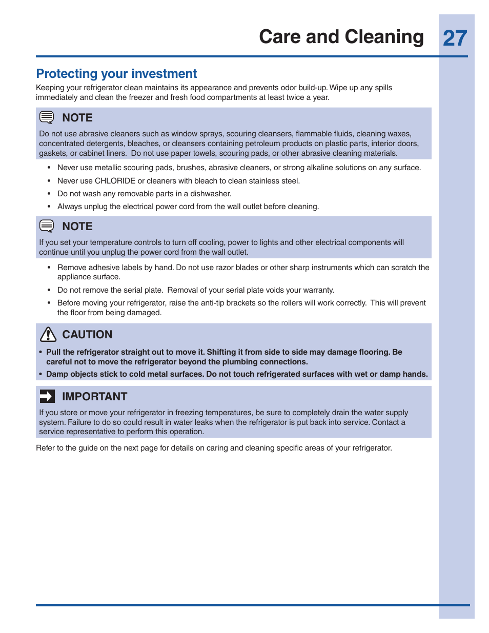 Care and cleaning, Protecting your investment | Electrolux EI23BC60KS User Manual | Page 27 / 34