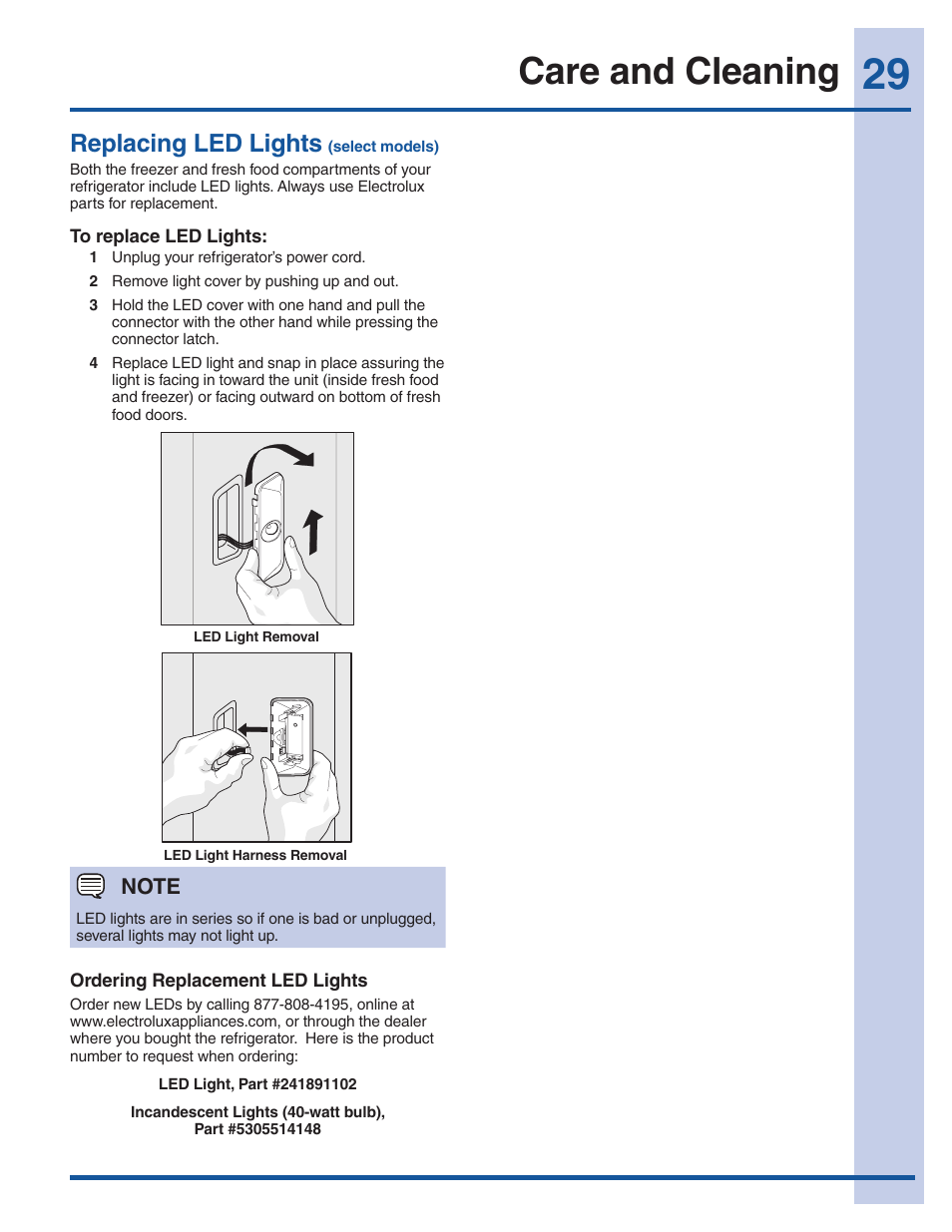 Care and cleaning, Replacing led lights | Electrolux EI23BC60KS User Manual | Page 29 / 34