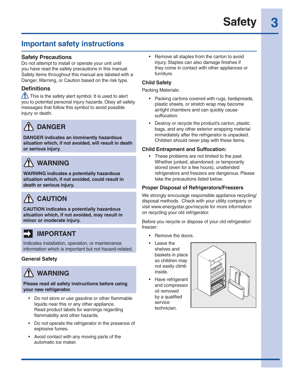 Safety, Important safety instructions, Warning | Important, Caution, Danger | Electrolux EI23BC60KS User Manual | Page 3 / 34