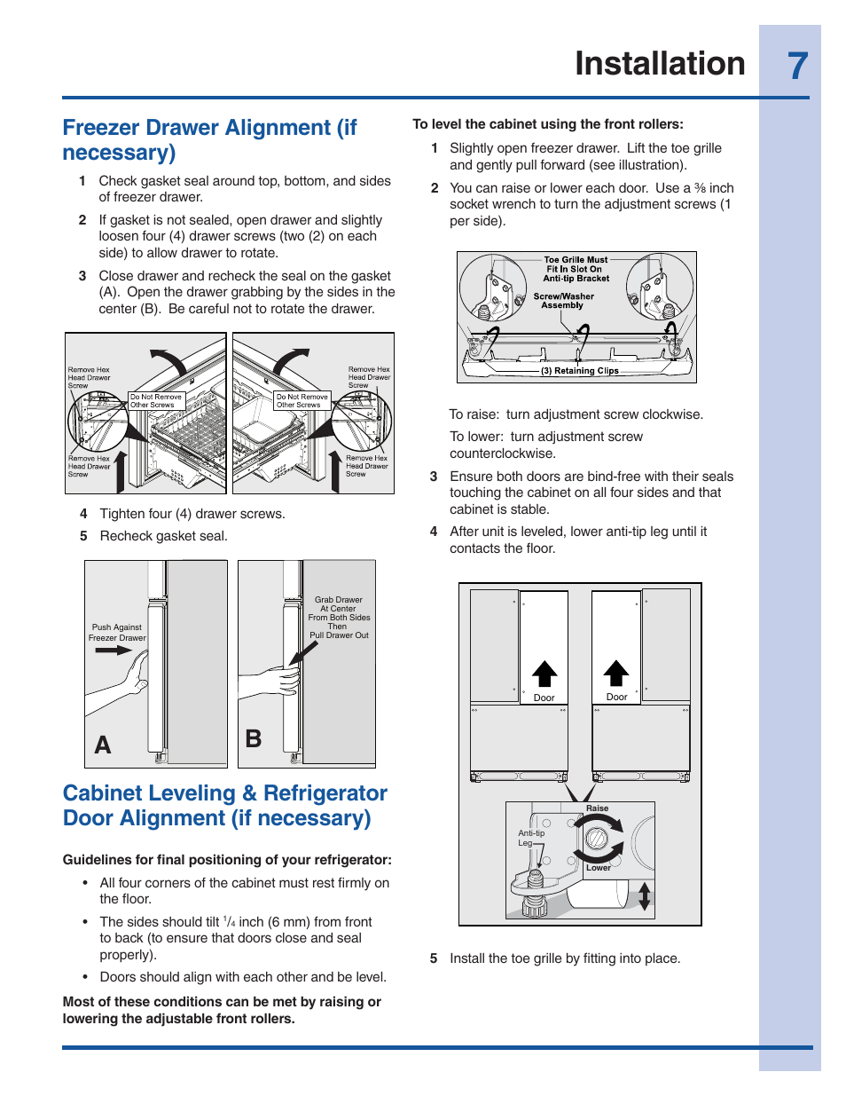 Installation, Freezer drawer alignment (if necessary) | Electrolux EI23BC60KS User Manual | Page 7 / 34