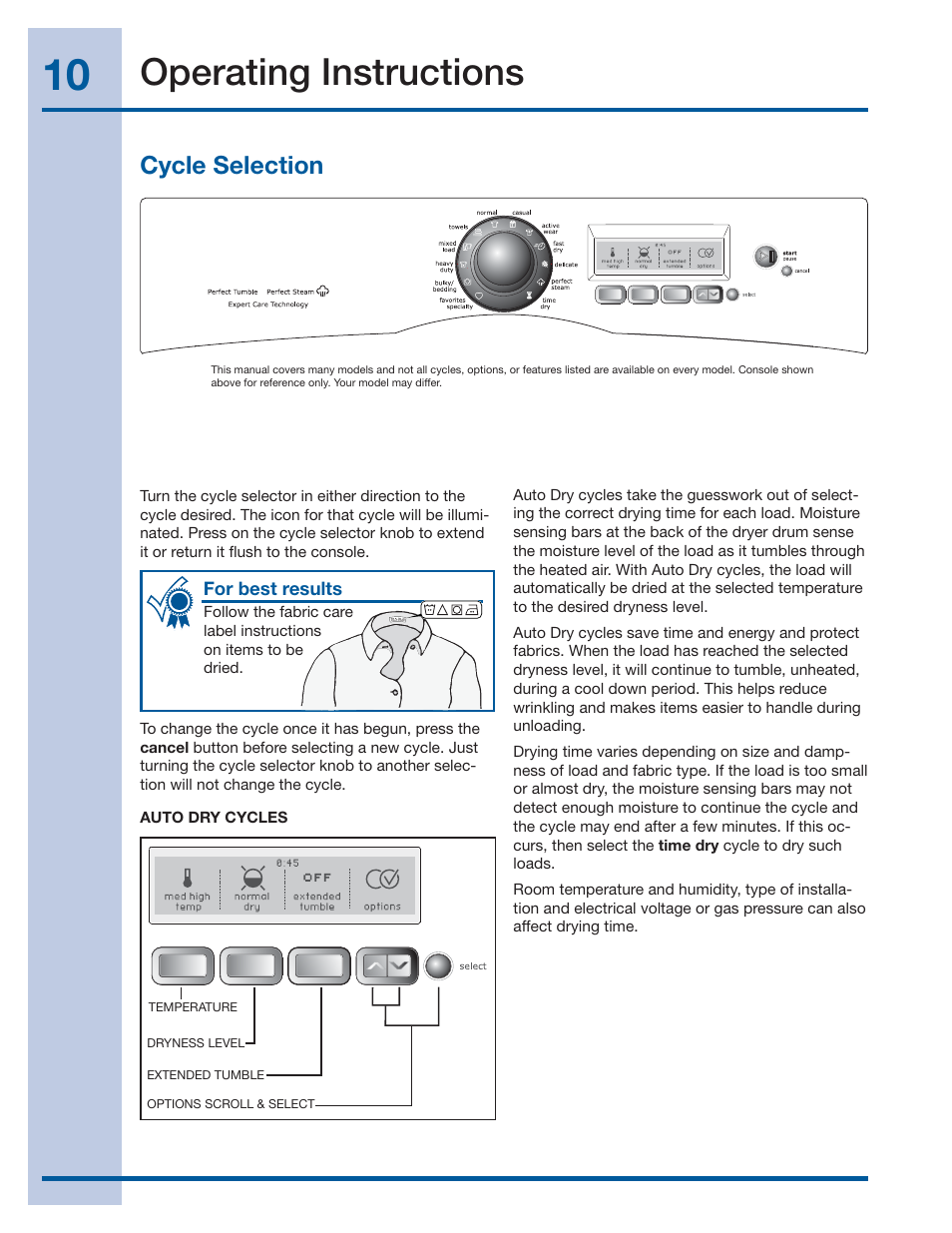 Operating instructions, Cycle selection | Electrolux EWMGD70JIW User Manual | Page 10 / 30