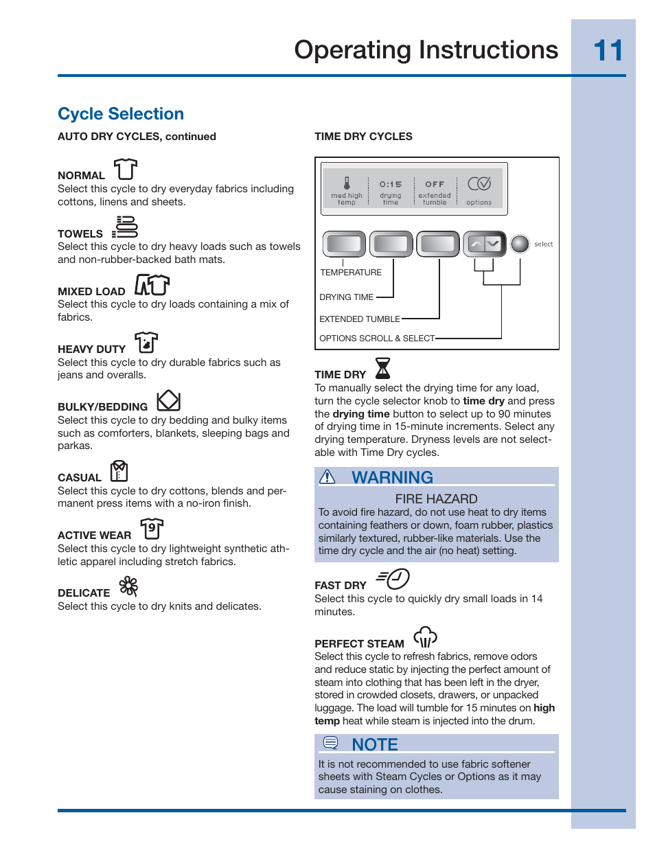 Operating instructions, Warning, Cycle selection | Electrolux EWMGD70JIW User Manual | Page 11 / 30