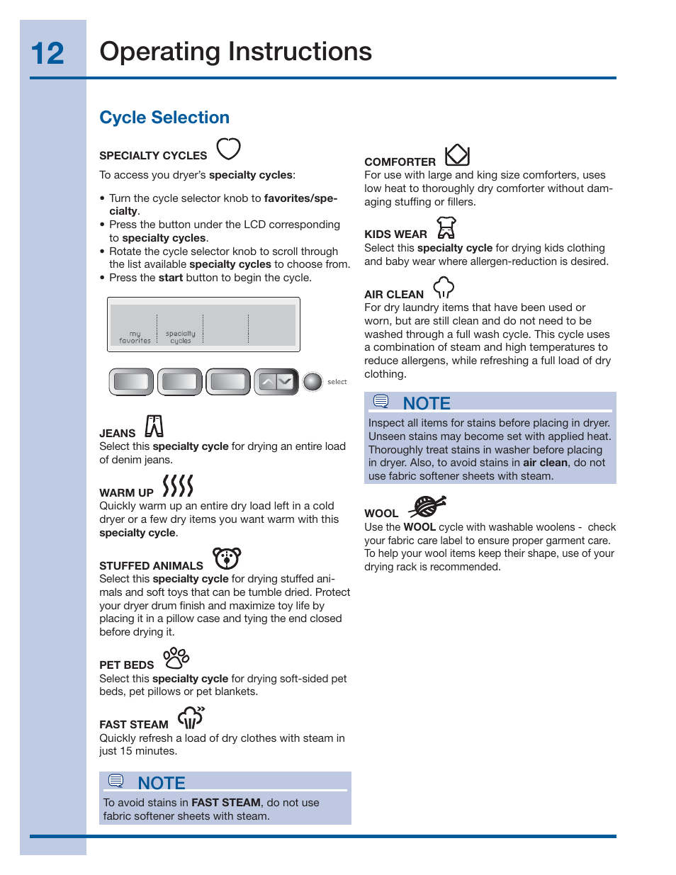 Operating instructions, Cycle selection | Electrolux EWMGD70JIW User Manual | Page 12 / 30