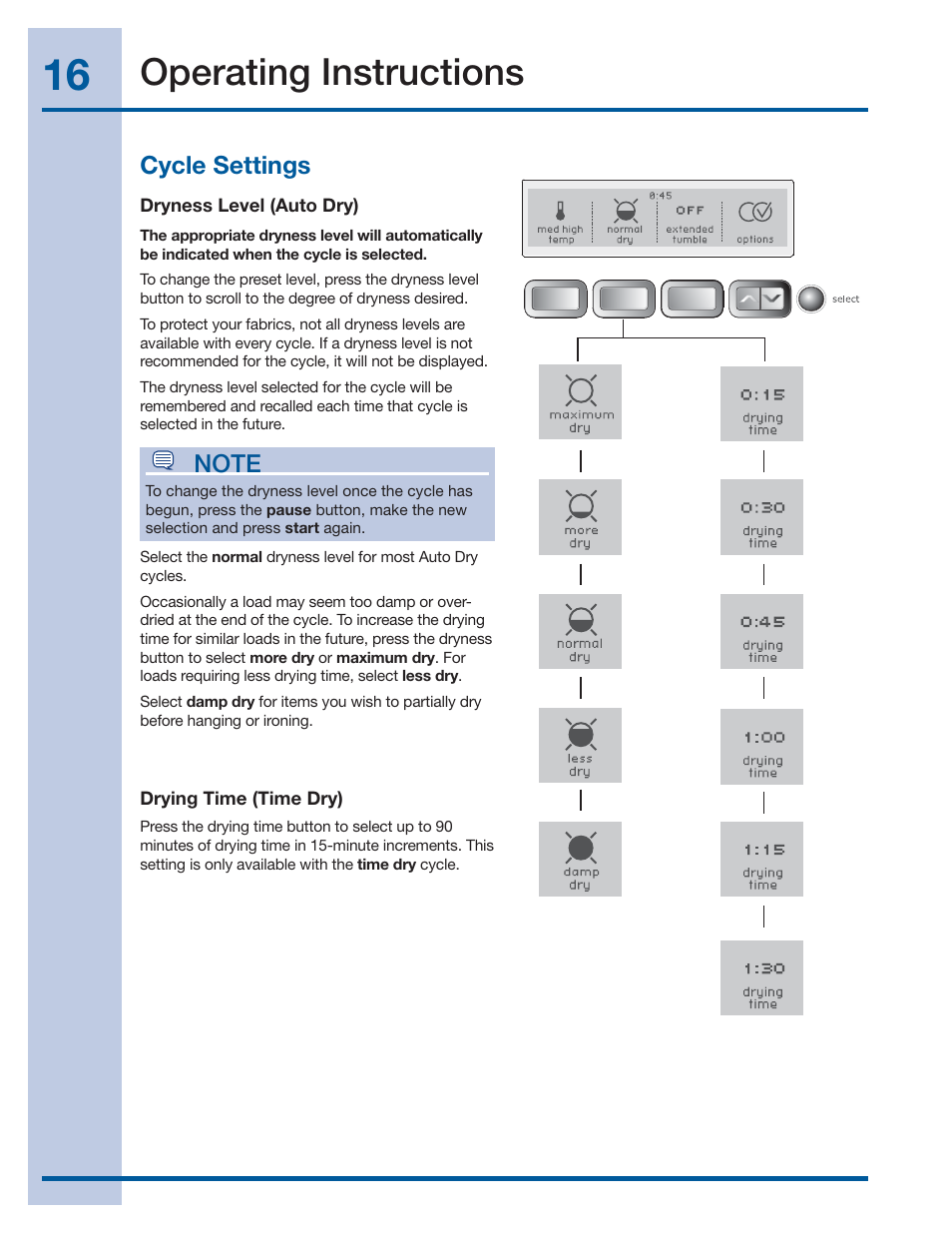 Operating instructions, Cycle settings | Electrolux EWMGD70JIW User Manual | Page 16 / 30