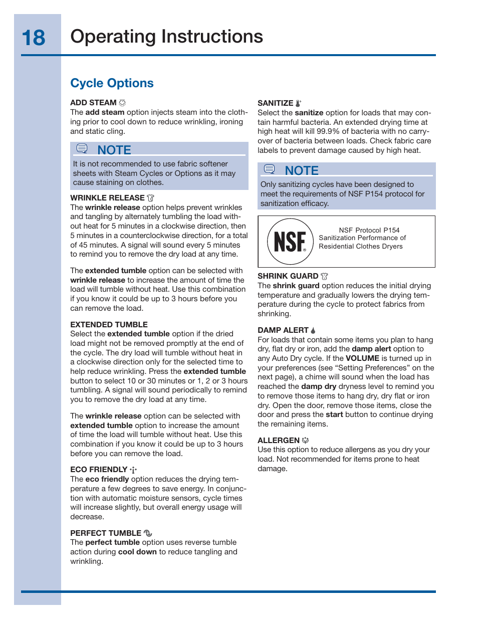 Operating instructions, Cycle options | Electrolux EWMGD70JIW User Manual | Page 18 / 30