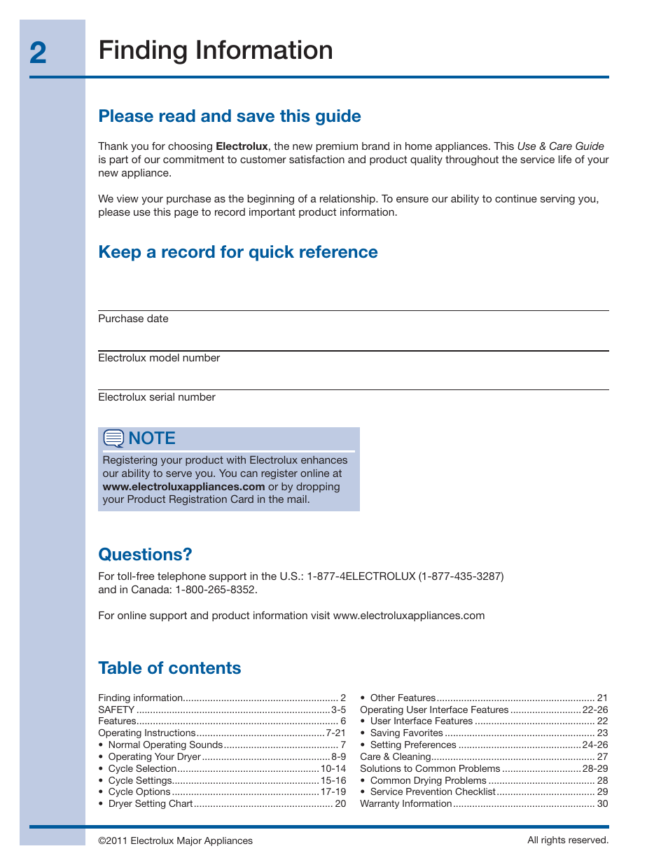 Finding information, Table of contents questions, Please read and save this guide | Electrolux EWMGD70JIW User Manual | Page 2 / 30