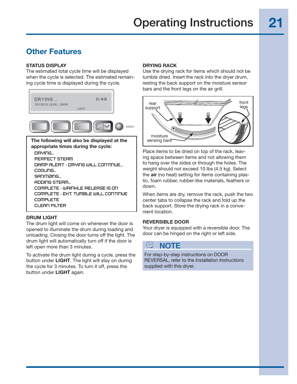 Operating instructions, Other features | Electrolux EWMGD70JIW User Manual | Page 21 / 30