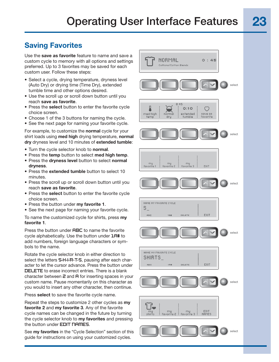 Operating user interface features, Saving favorites | Electrolux EWMGD70JIW User Manual | Page 23 / 30