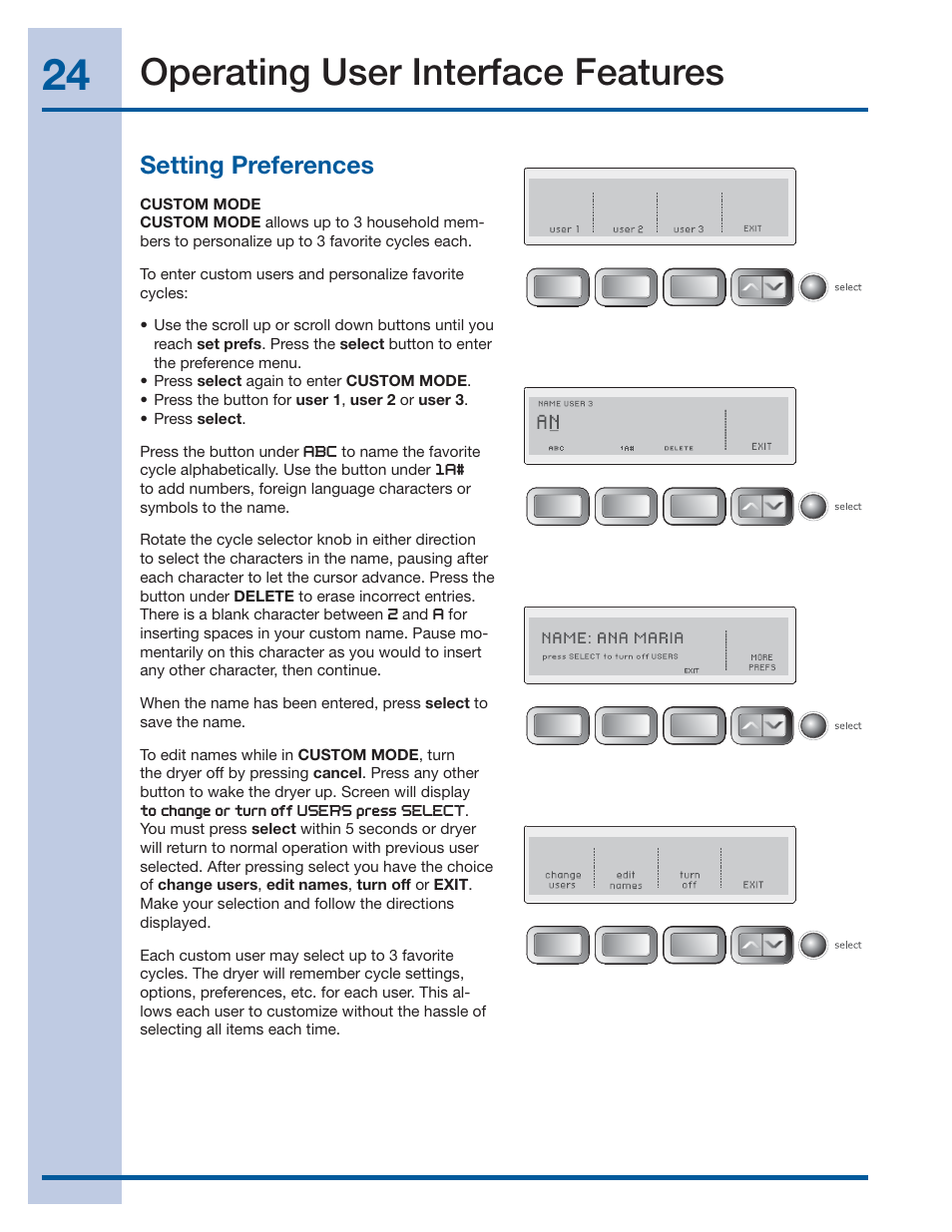 Operating user interface features, Setting preferences | Electrolux EWMGD70JIW User Manual | Page 24 / 30