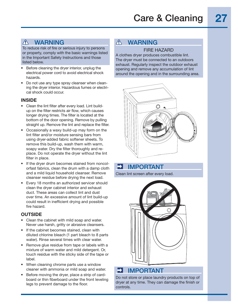 Care & cleaning, Warning, Important | Electrolux EWMGD70JIW User Manual | Page 27 / 30