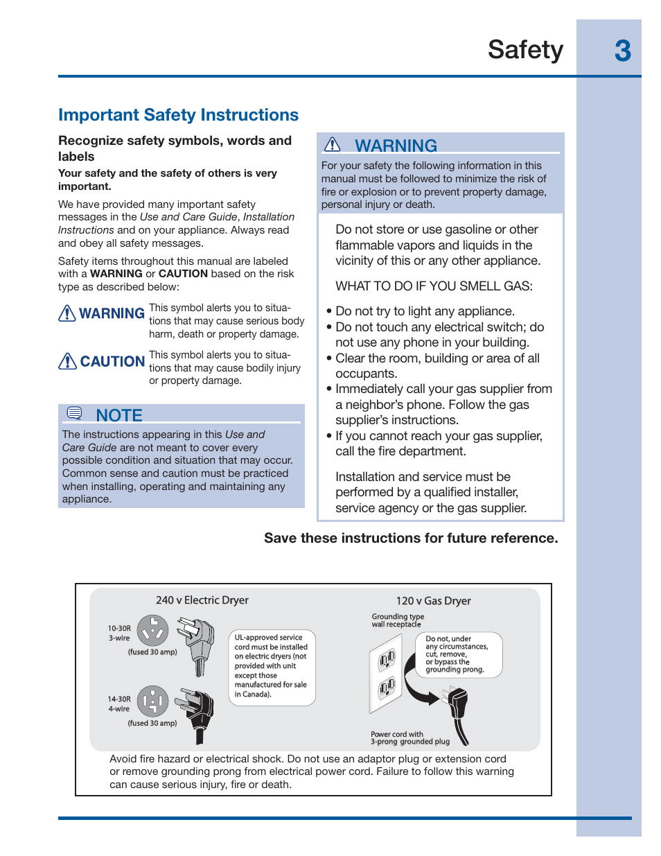 Safety, Warning, Save these instructions for future reference | Recognize safety symbols, words and labels | Electrolux EWMGD70JIW User Manual | Page 3 / 30