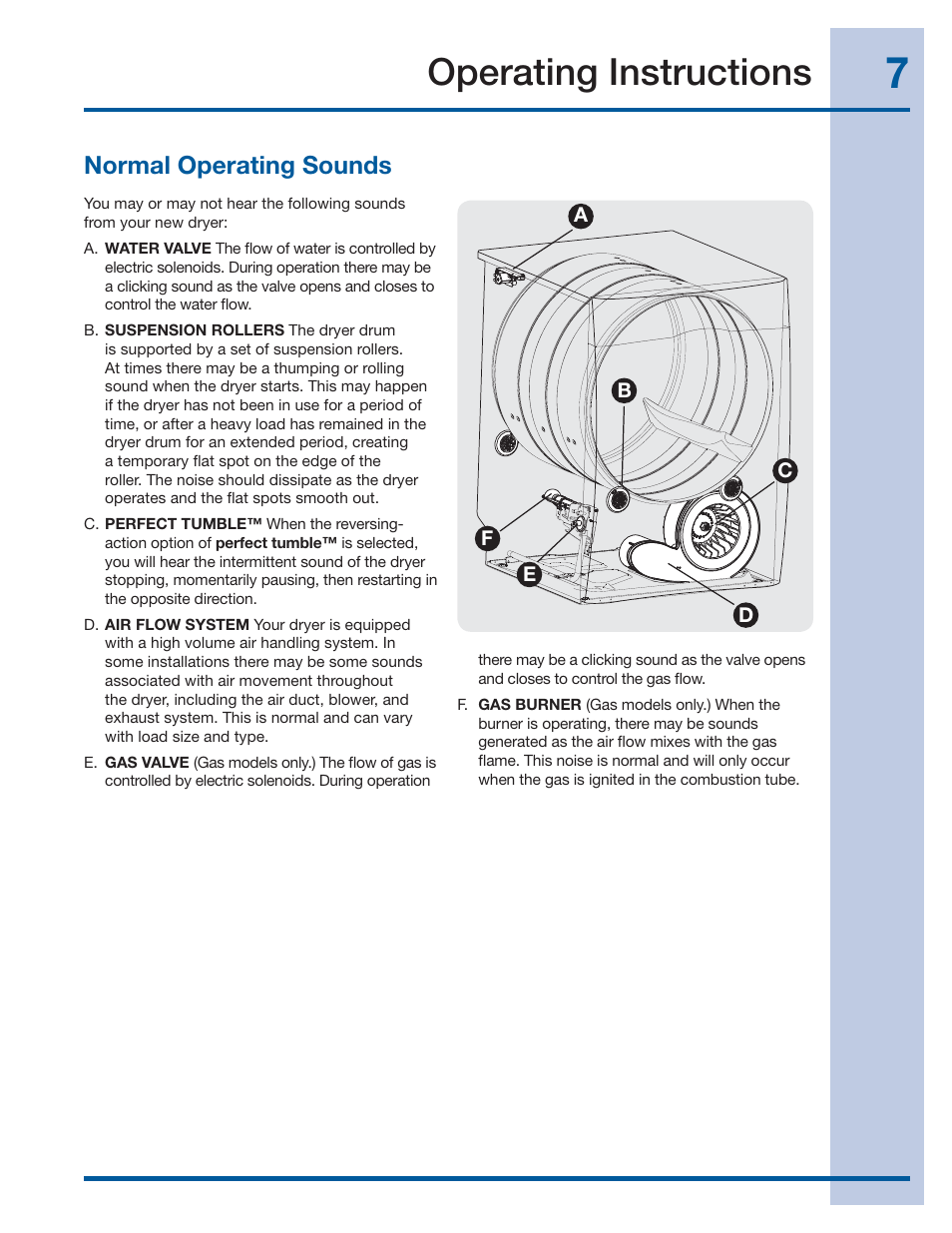 Operating instructions, Normal operating sounds | Electrolux EWMGD70JIW User Manual | Page 7 / 30