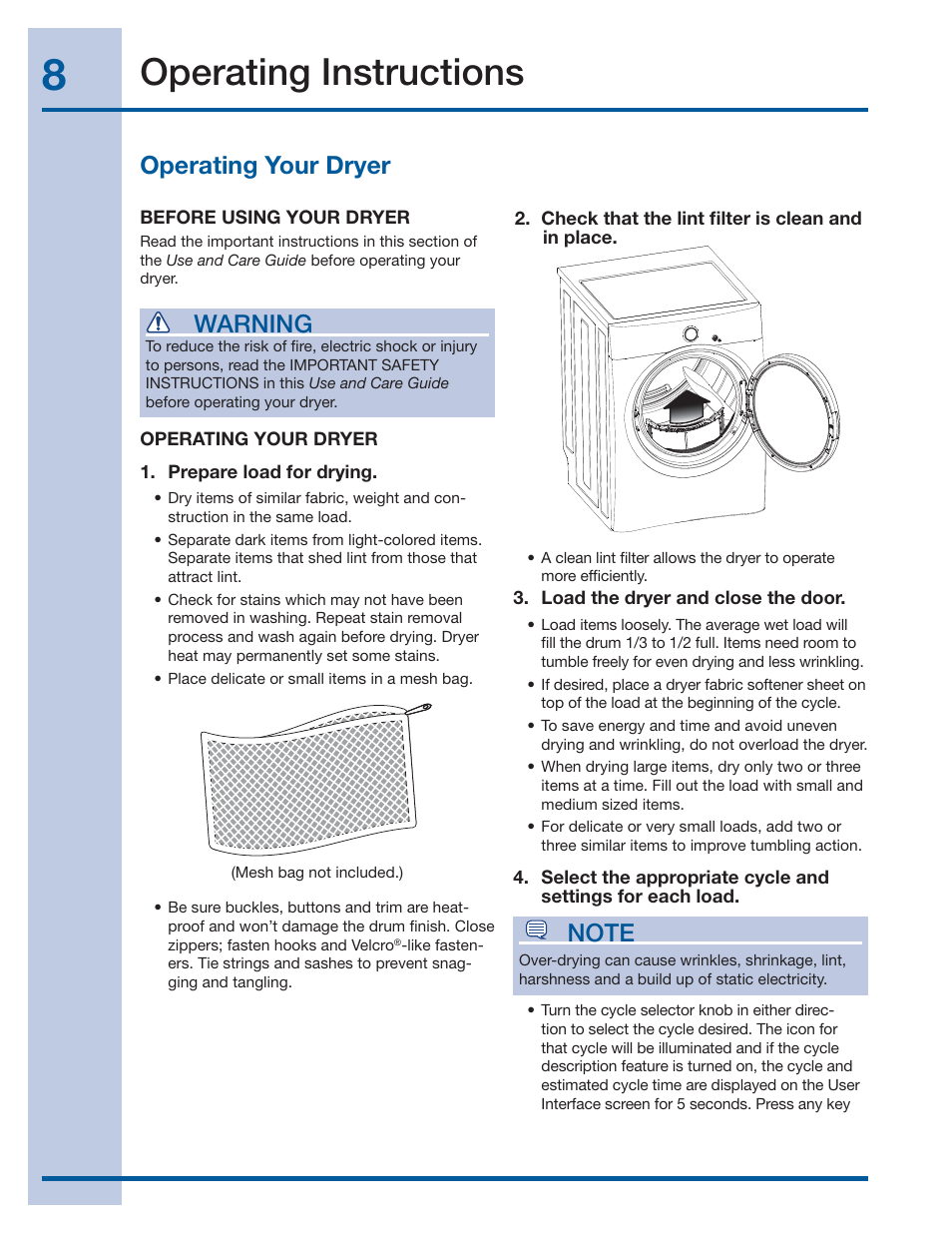 Operating instructions, Operating your dryer, Warning | Electrolux EWMGD70JIW User Manual | Page 8 / 30