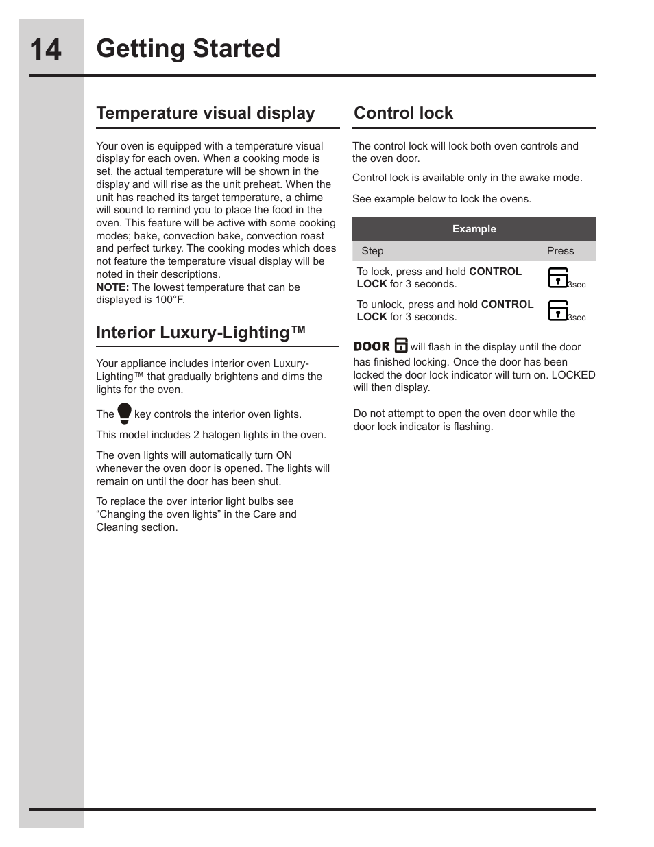 Getting started, Temperature visual display, Control lock | Interior luxury-lighting | Electrolux EW30ES65GS User Manual | Page 14 / 56