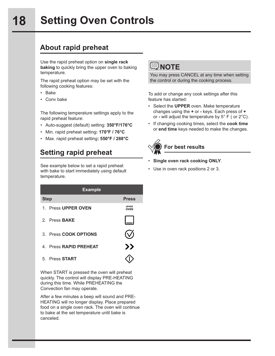 Setting oven controls, About rapid preheat, Setting rapid preheat | Electrolux EW30ES65GS User Manual | Page 18 / 56