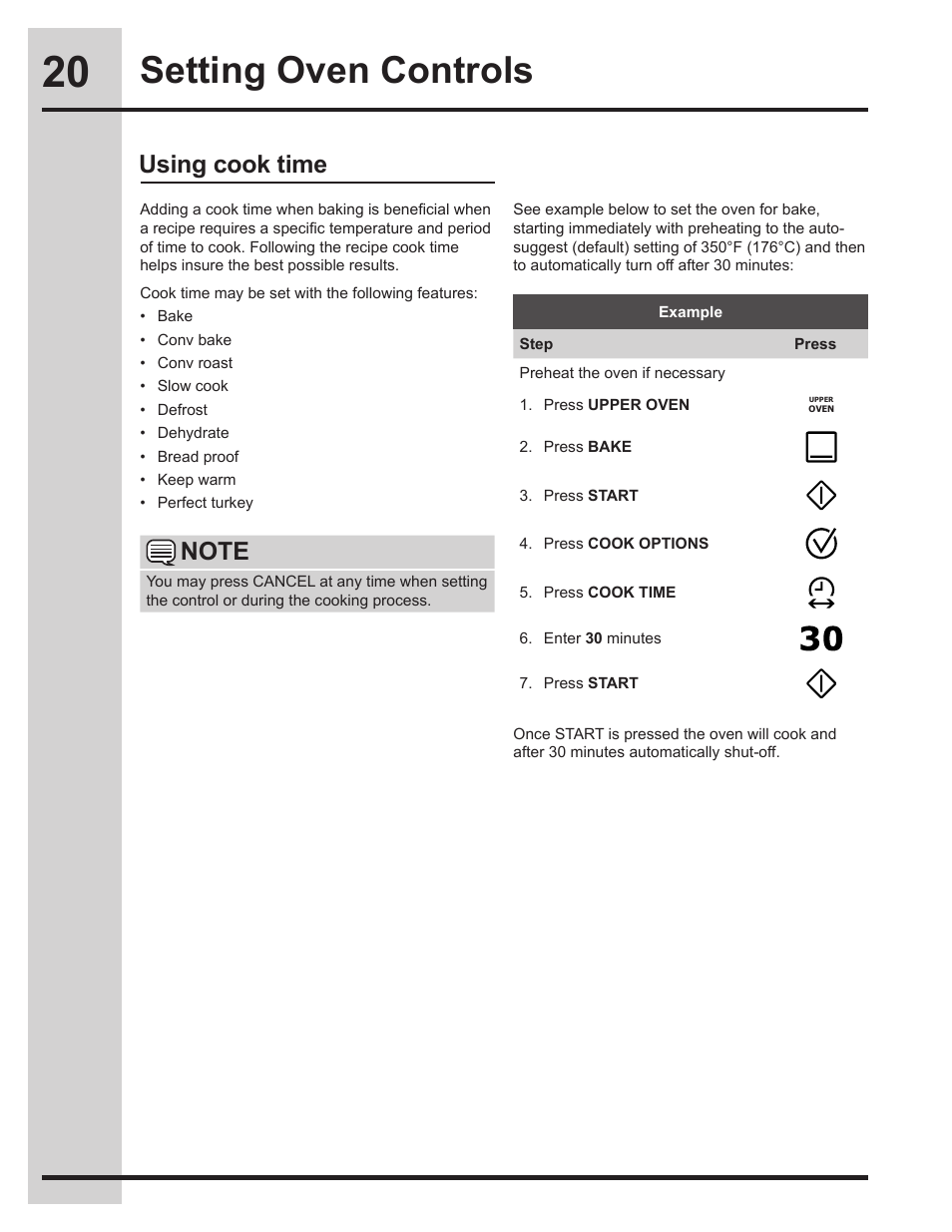 Setting oven controls, Using cook time | Electrolux EW30ES65GS User Manual | Page 20 / 56