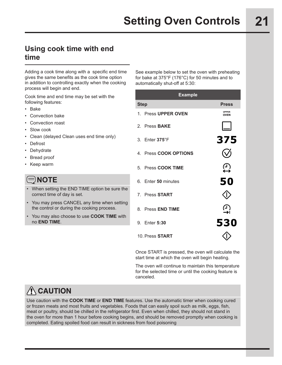 Setting oven controls, Using cook time with end time | Electrolux EW30ES65GS User Manual | Page 21 / 56