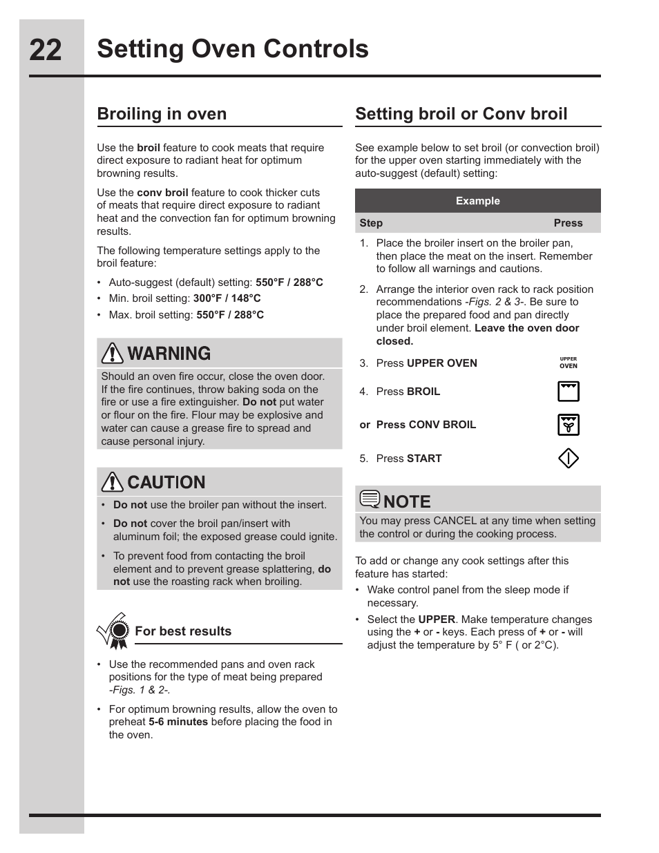 Setting oven controls, Broiling in oven, Setting broil or conv broil | Electrolux EW30ES65GS User Manual | Page 22 / 56