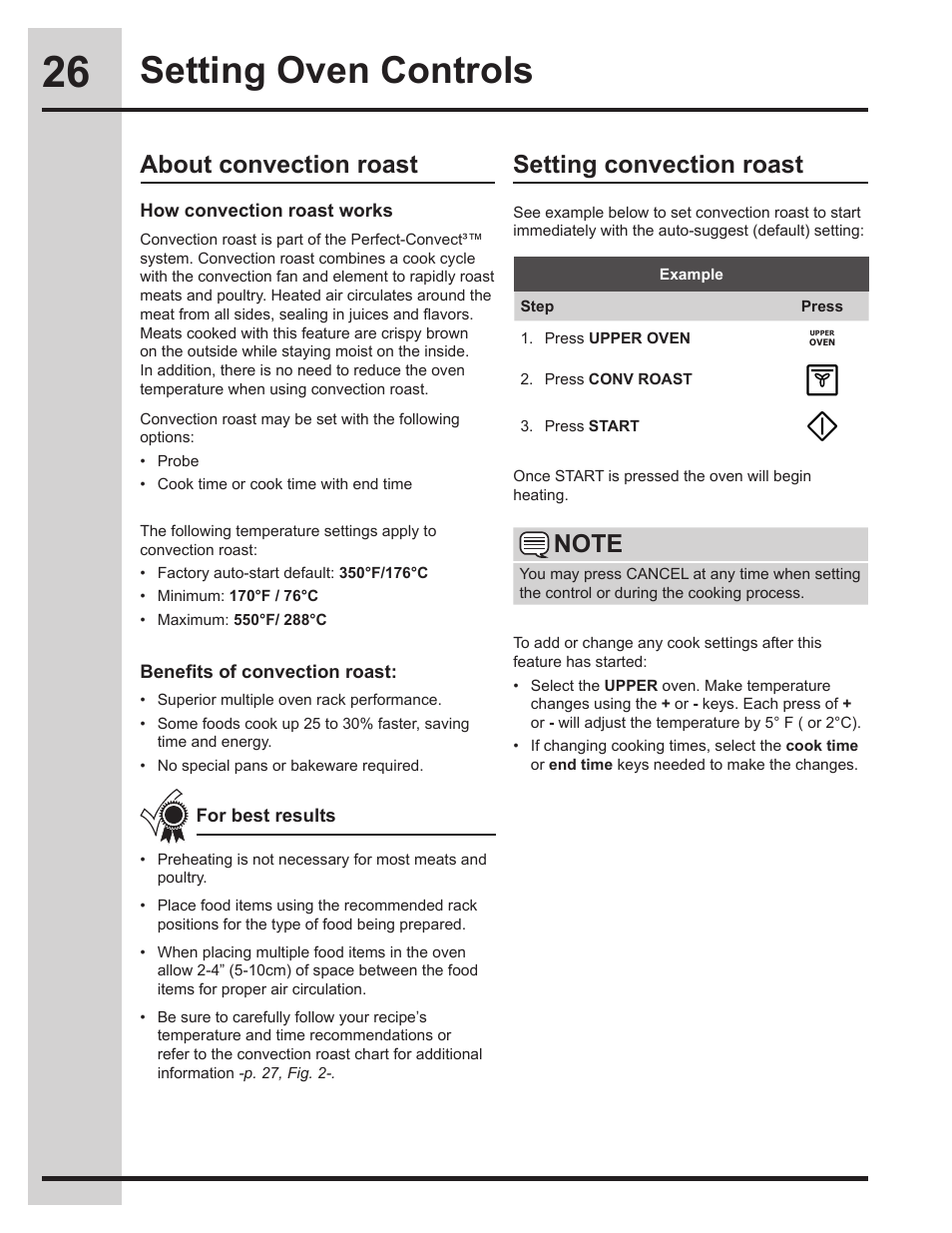 Setting oven controls, About convection roast setting convection roast | Electrolux EW30ES65GS User Manual | Page 26 / 56