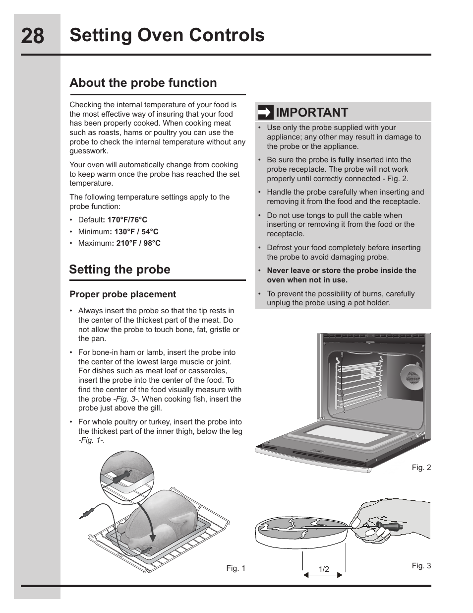 Setting oven controls, About the probe function, Setting the probe | Important | Electrolux EW30ES65GS User Manual | Page 28 / 56