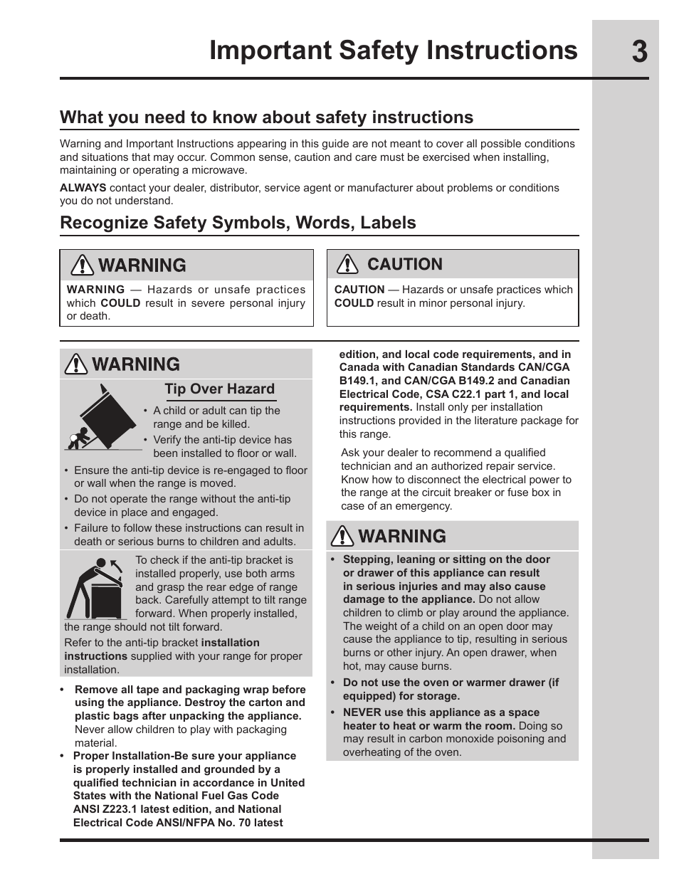 Important safety instructions, What you need to know about safety instructions, Recognize safety symbols, words, labels | Tip over hazard | Electrolux EW30ES65GS User Manual | Page 3 / 56