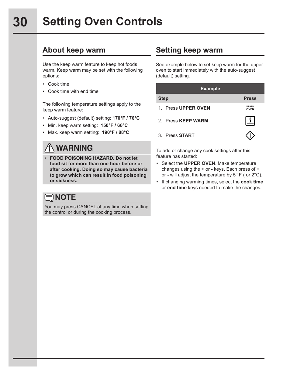Setting oven controls, About keep warm setting keep warm | Electrolux EW30ES65GS User Manual | Page 30 / 56