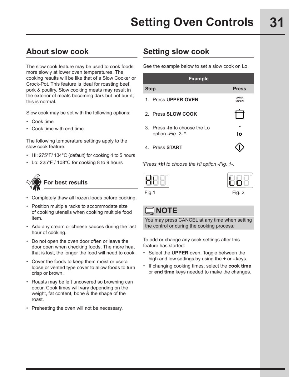 Setting oven controls, About slow cook setting slow cook | Electrolux EW30ES65GS User Manual | Page 31 / 56