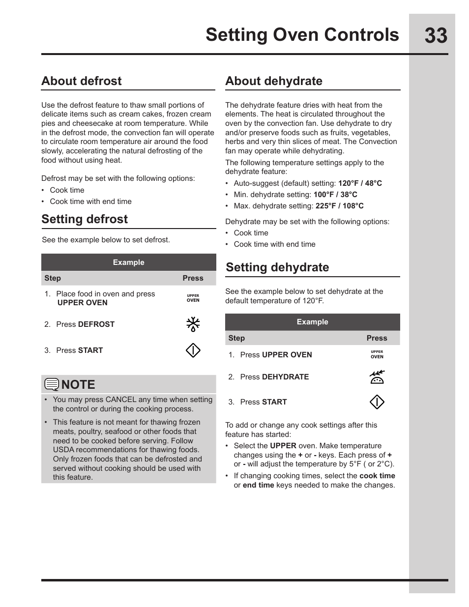 Setting oven controls, About dehydrate, About defrost setting defrost | Setting dehydrate | Electrolux EW30ES65GS User Manual | Page 33 / 56