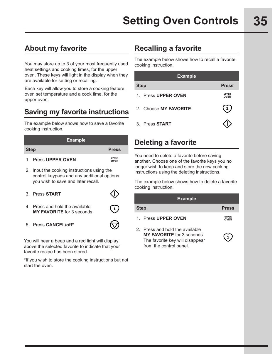 Setting oven controls, Saving my favorite instructions, About my favorite | Recalling a favorite deleting a favorite | Electrolux EW30ES65GS User Manual | Page 35 / 56
