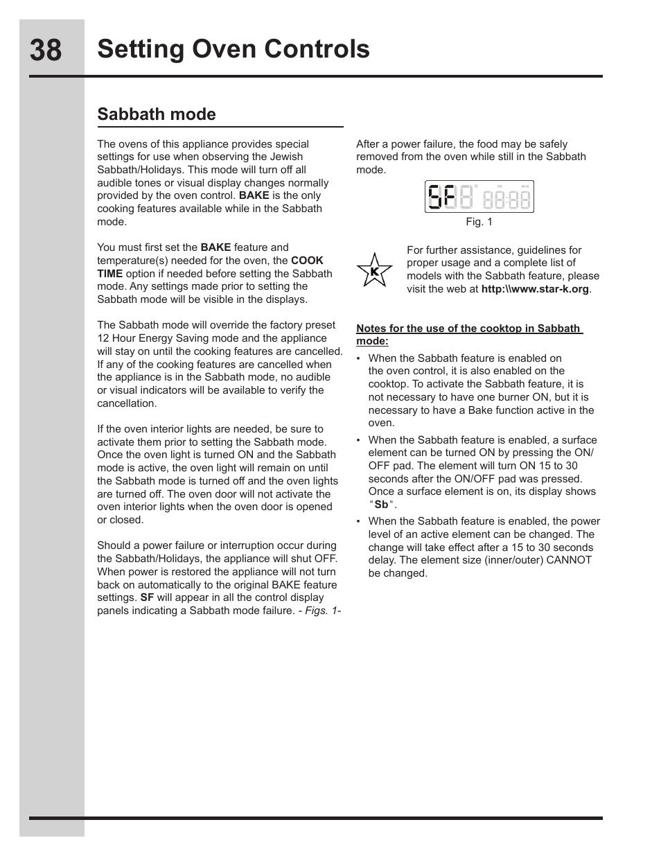 Setting oven controls, Sabbath mode | Electrolux EW30ES65GS User Manual | Page 38 / 56