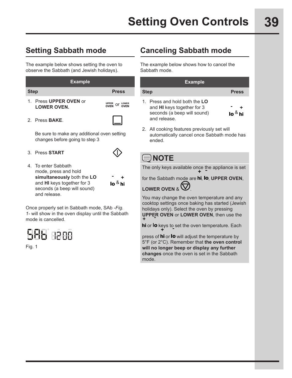 Setting oven controls, Canceling sabbath mode, Setting sabbath mode | Electrolux EW30ES65GS User Manual | Page 39 / 56