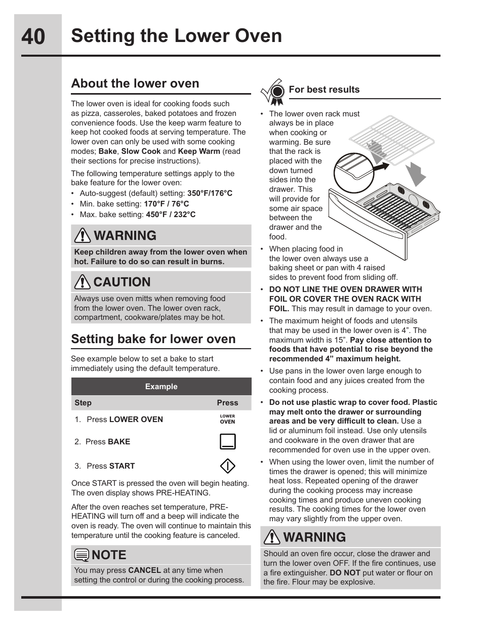 Setting the lower oven, About the lower oven, Setting bake for lower oven | Electrolux EW30ES65GS User Manual | Page 40 / 56