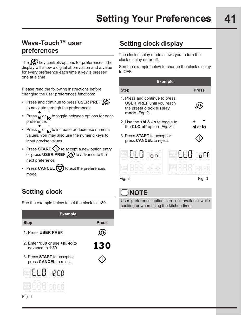 Setting your preferences, Setting clock display, Wave-touch™ user preferences | Setting clock | Electrolux EW30ES65GS User Manual | Page 41 / 56