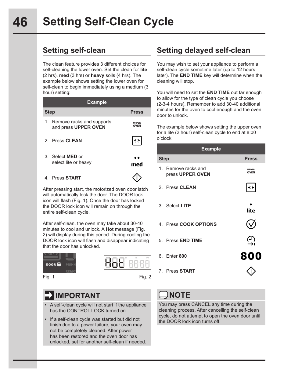 Setting self-clean cycle, Setting self-clean, Setting delayed self-clean | Important | Electrolux EW30ES65GS User Manual | Page 46 / 56