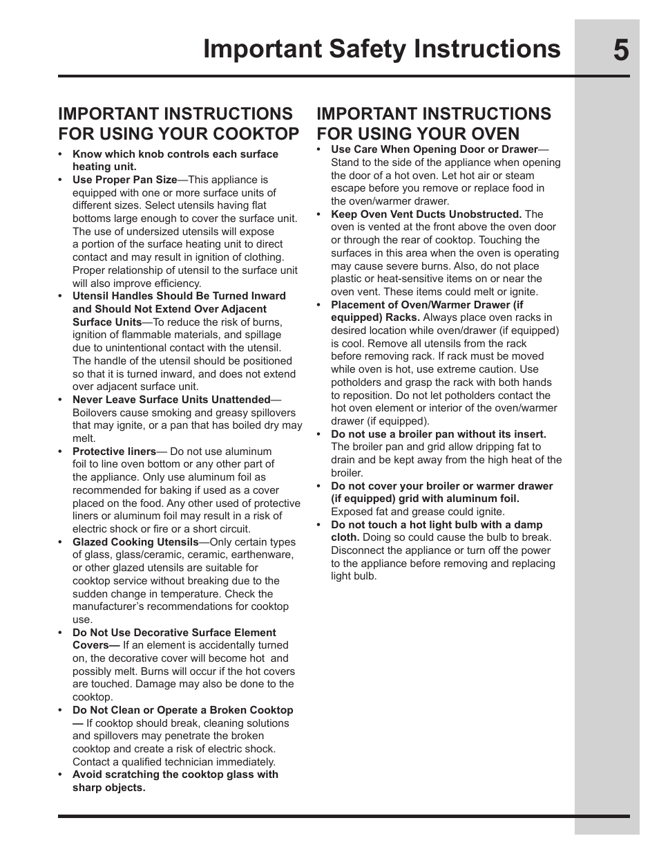 Important safety instructions, Important instructions for using your cooktop, Important instructions for using your oven | Electrolux EW30ES65GS User Manual | Page 5 / 56