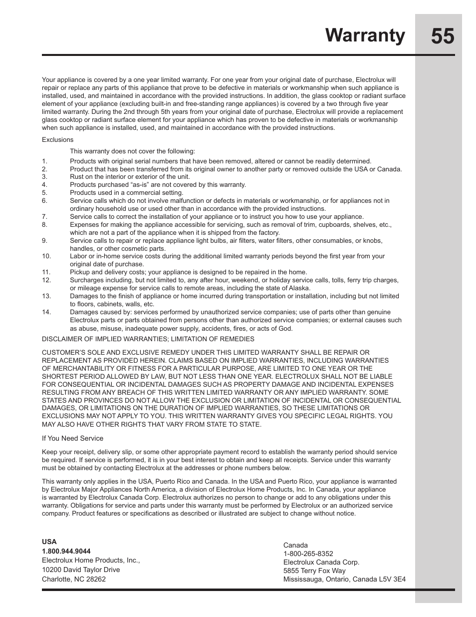 Warranty | Electrolux EW30ES65GS User Manual | Page 55 / 56