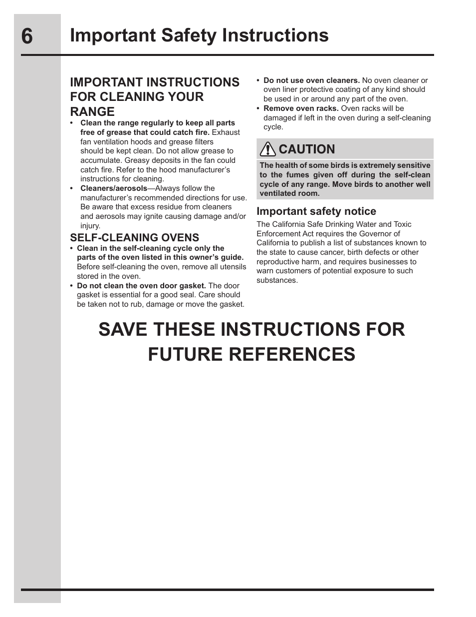 Save these instructions for future references, Important safety instructions, Important instructions for cleaning your range | Electrolux EW30ES65GS User Manual | Page 6 / 56