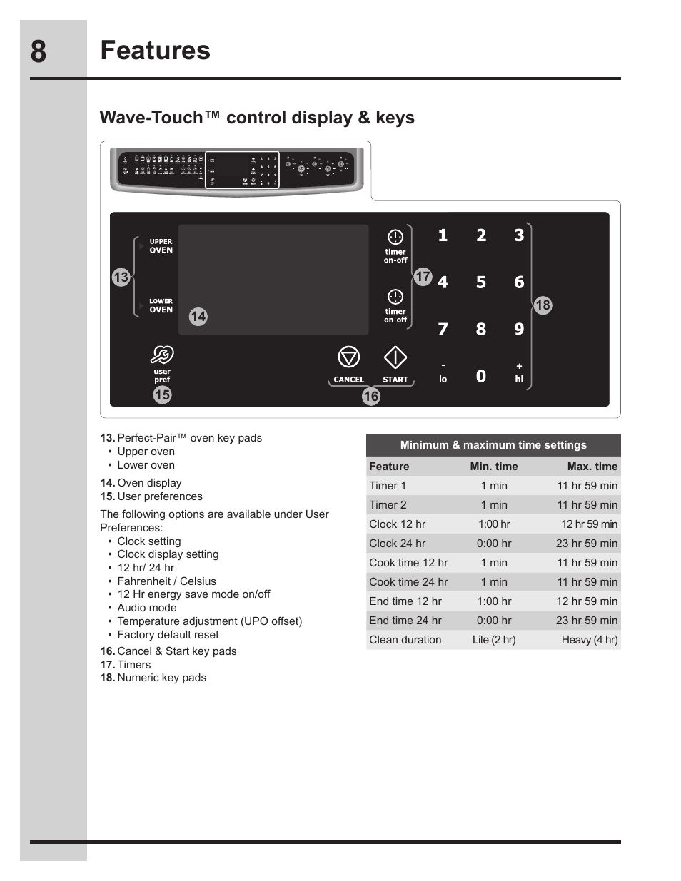 Features, Wave-touch™ control display & keys | Electrolux EW30ES65GS User Manual | Page 8 / 56