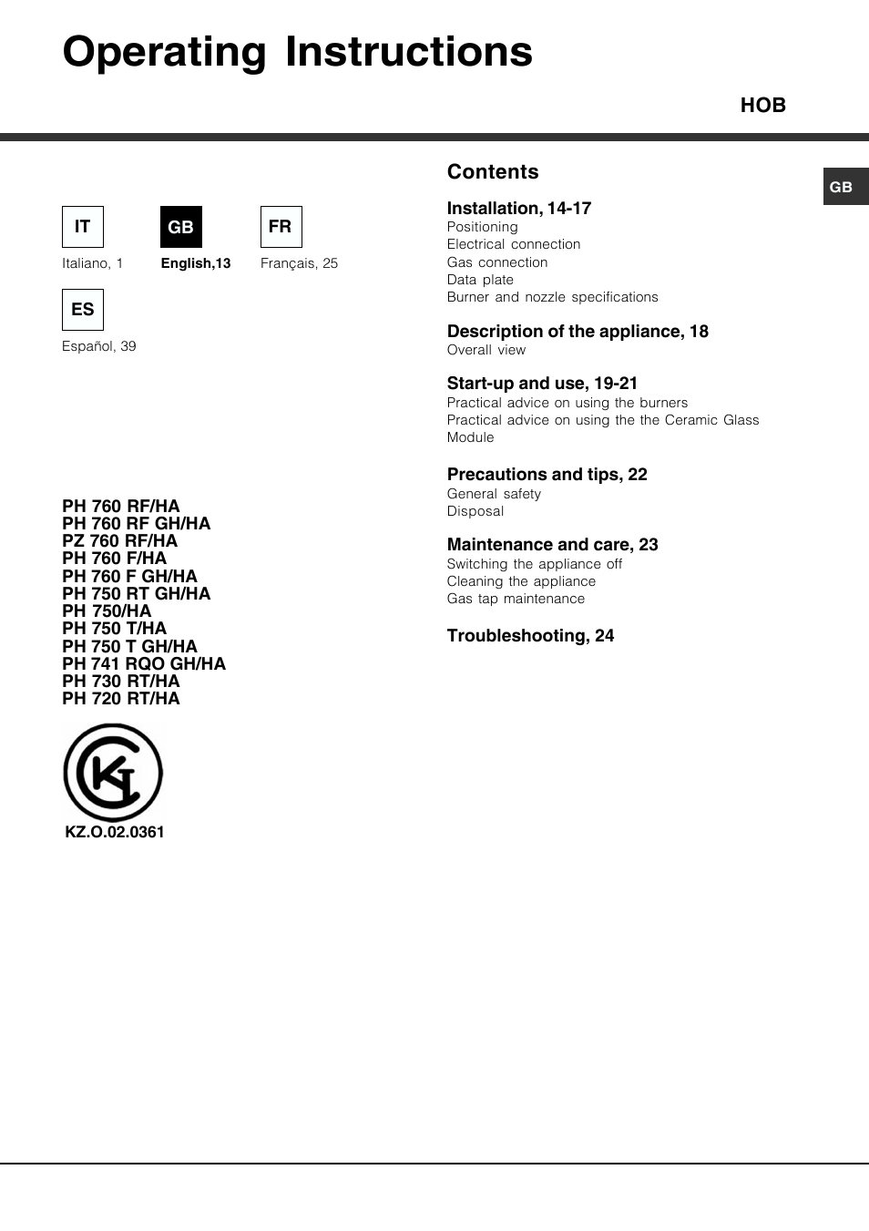 Operating instructions | Hotpoint Ariston PH 750 T (AN) R-HA User Manual | Page 13 / 52